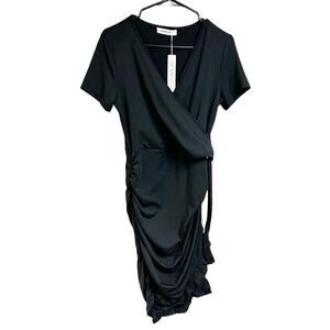 New: Liumilac Black Ruched Bodycon Dress with V Neck Ruffle Fairy Whimsy Size S